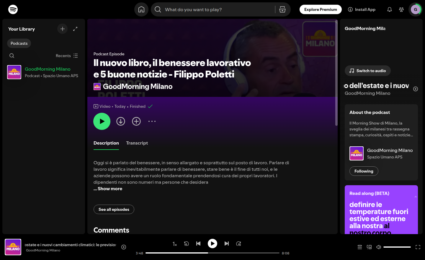 Schermata dell'ultimo click sul player
